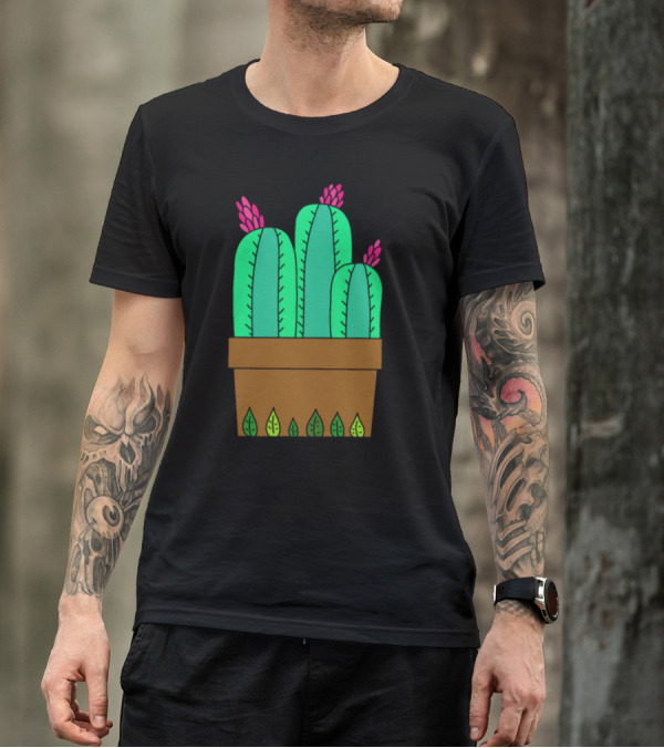 Flowering Cactuses With Pink Blossoms In Brown Leafy Pot T-Shirt
