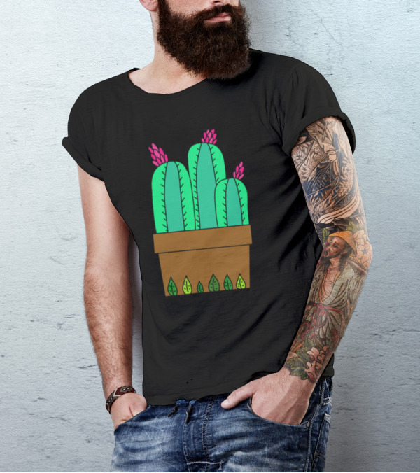 Flowering Cactuses With Pink Blossoms In Brown Leafy Pot T-Shirt