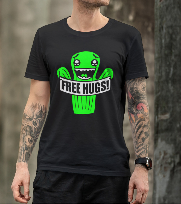 Free Hugs Cute Green Cactus Cartoon Hugz Comic T-Shirt