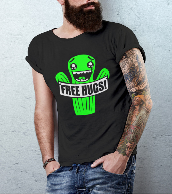 Free Hugs Cute Green Cactus Cartoon Hugz Comic T-Shirt
