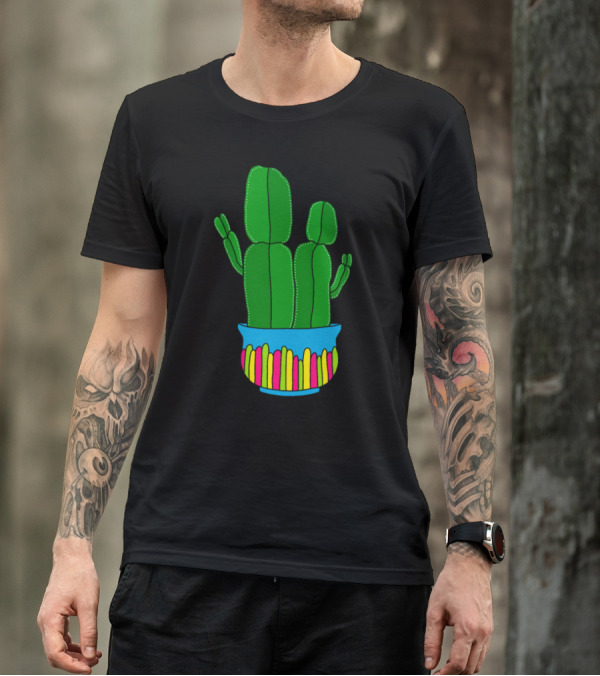Funkyshaped Cacti In Bright Blue Pot With Vibrant Colors T-Shirt