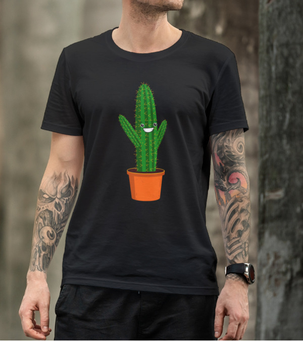 Funny Smiling Cartoon Cactus In Orange Pot T-Shirt