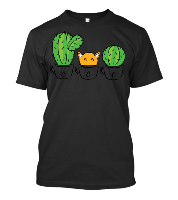 Funny Cactus Cup Cacti Succulent Plant With Smiling Fox In Pots T-Shirt
