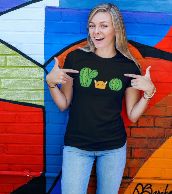 Funny Cactus Cup Cacti Succulent Plant With Smiling Fox In Pots T-Shirt