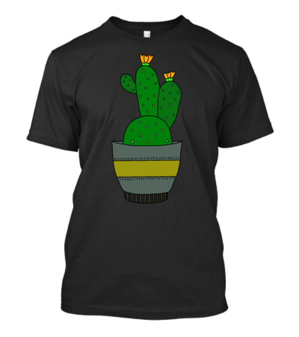 Green Cactus With White Dots In Striped Pot With Yellow Blooms T-Shirt