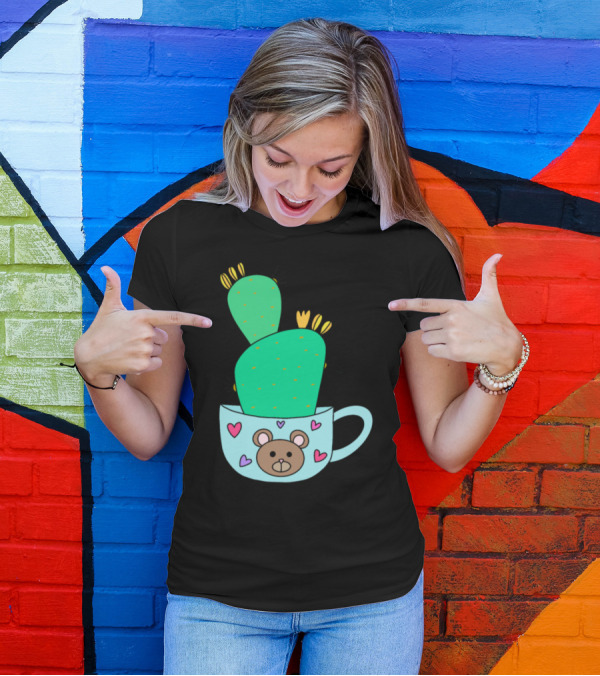 Green Cactus With Yellow Flowers In Cute Bear Mug With Hearts T-Shirt
