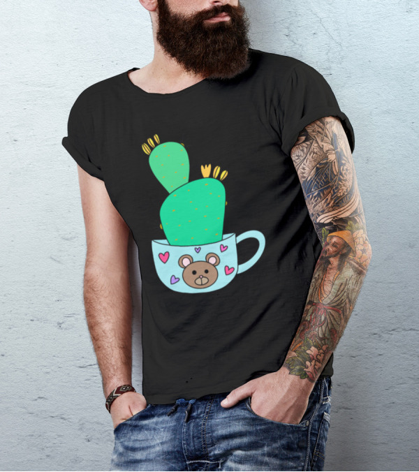 Green Cactus With Yellow Flowers In Cute Bear Mug With Hearts T-Shirt