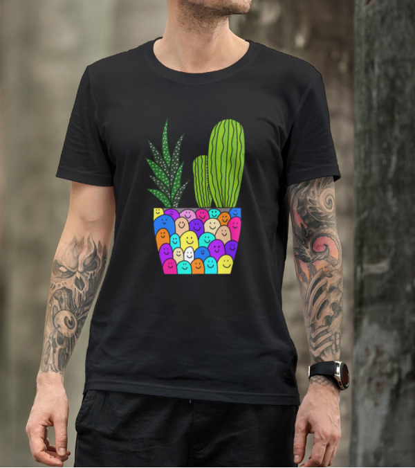 Happy Smiling Faces Succulent Cactus Pot T-Shirt