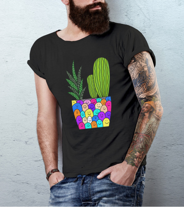 Happy Smiling Faces Succulent Cactus Pot T-Shirt