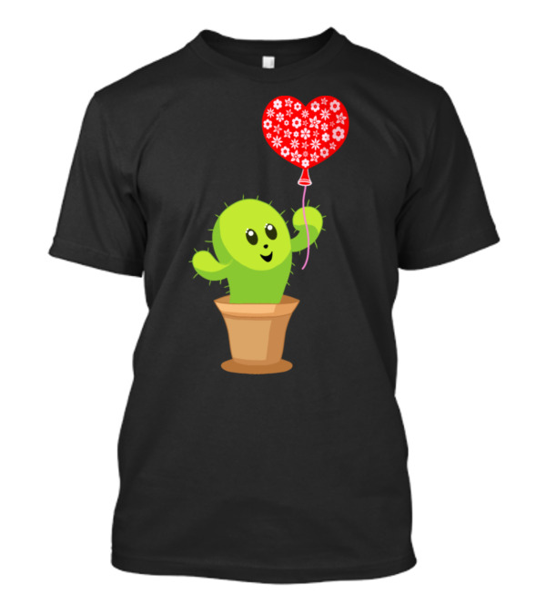 Happy Funny Kawaii Cactus Holding Red Heart Balloon With Flower T-Shirt