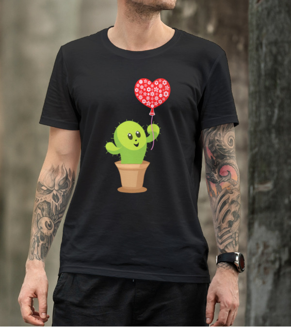 Happy Funny Kawaii Cactus Holding Red Heart Balloon With Flower T-Shirt