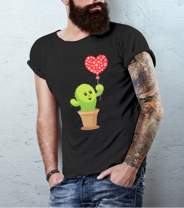 Happy Funny Kawaii Cactus Holding Red Heart Balloon With Flower T-Shirt