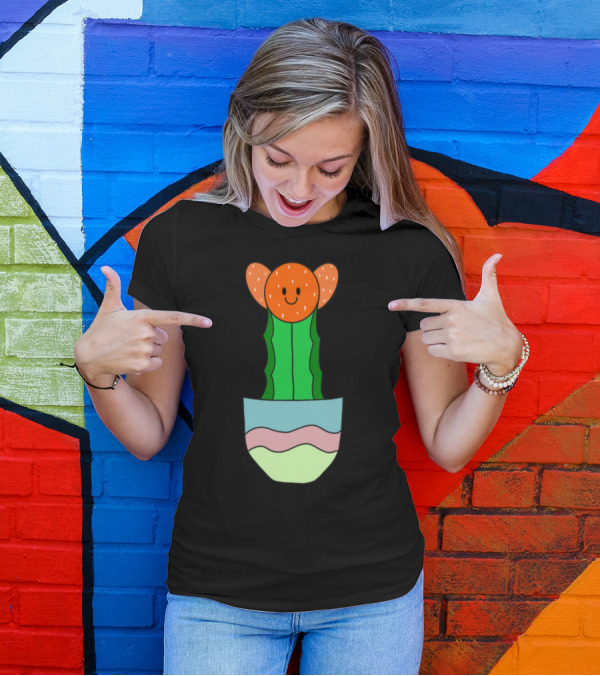 Smiling Orange-Hued Cactus With Red Blossoms In Colorful Pot T-Shirt
