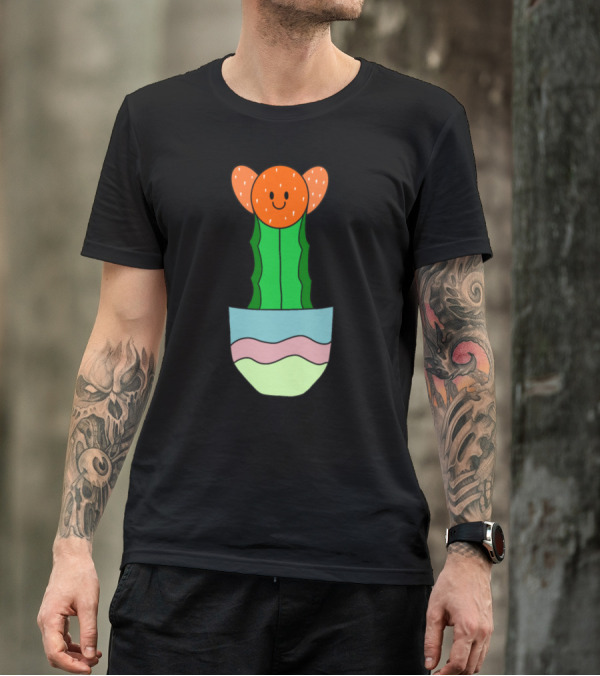 Smiling Orange-Hued Cactus With Red Blossoms In Colorful Pot T-Shirt