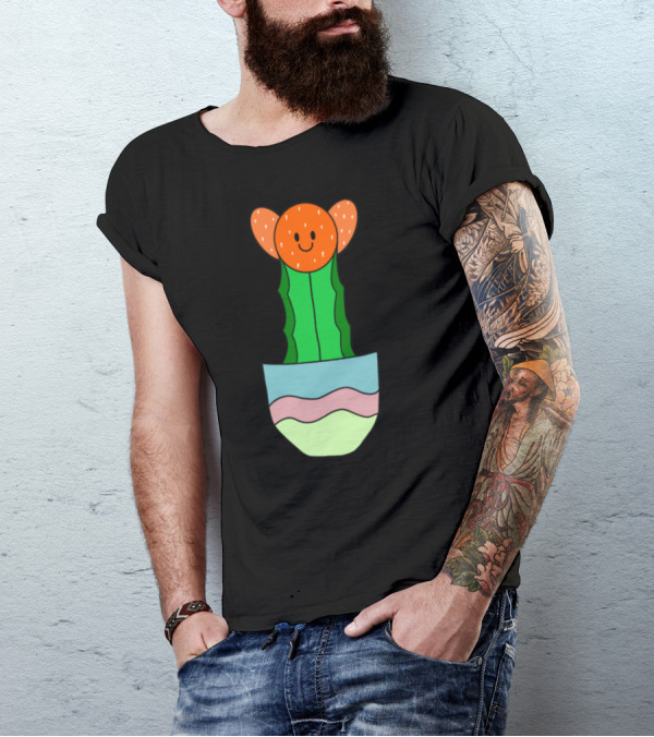 Smiling Orange-Hued Cactus With Red Blossoms In Colorful Pot T-Shirt