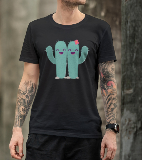 Happy Cactus Couple With Flower T-Shirt