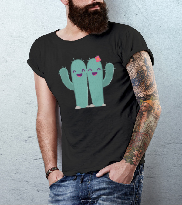 Happy Cactus Couple With Flower T-Shirt