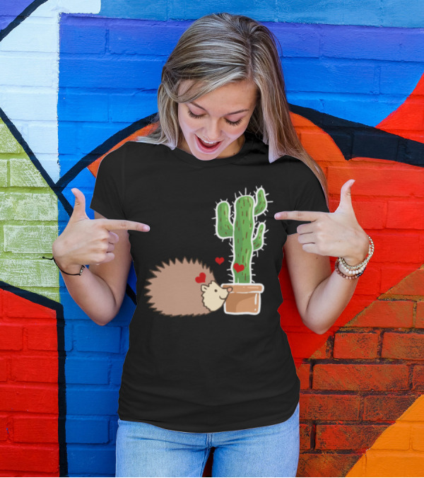 Hedgehog Loving Cactus Cute Animal Scene T-Shirt