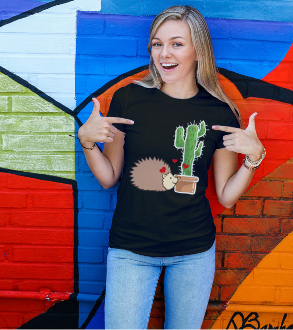 Hedgehog Loving Cactus Cute Animal Scene T-Shirt