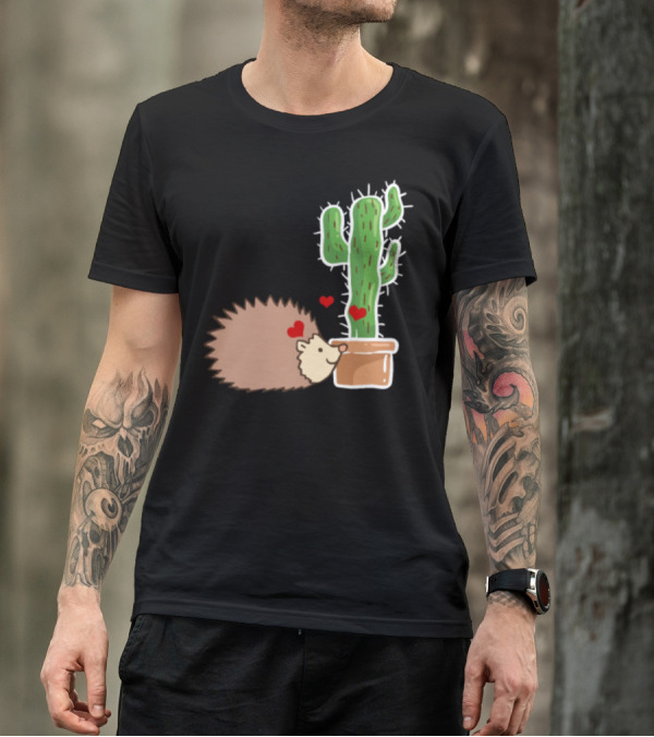 Hedgehog Loving Cactus Cute Animal Scene T-Shirt