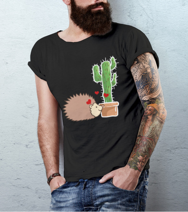 Hedgehog Loving Cactus Cute Animal Scene T-Shirt