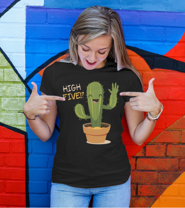 High Five Cactus Cute Desert Plant Garden Pot T-Shirt