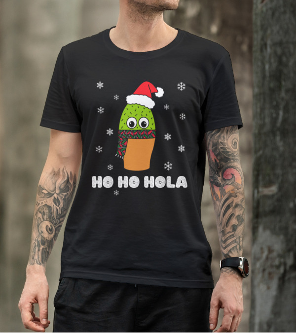 Ho Ho Hola Christmas Cactus In Santa Hat And Scarf With Snowflakes T-Shirt