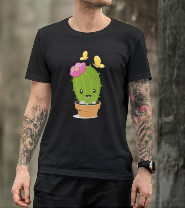 Little Sweet Cactus Happy Flower Pot With Butterflies T-Shirt