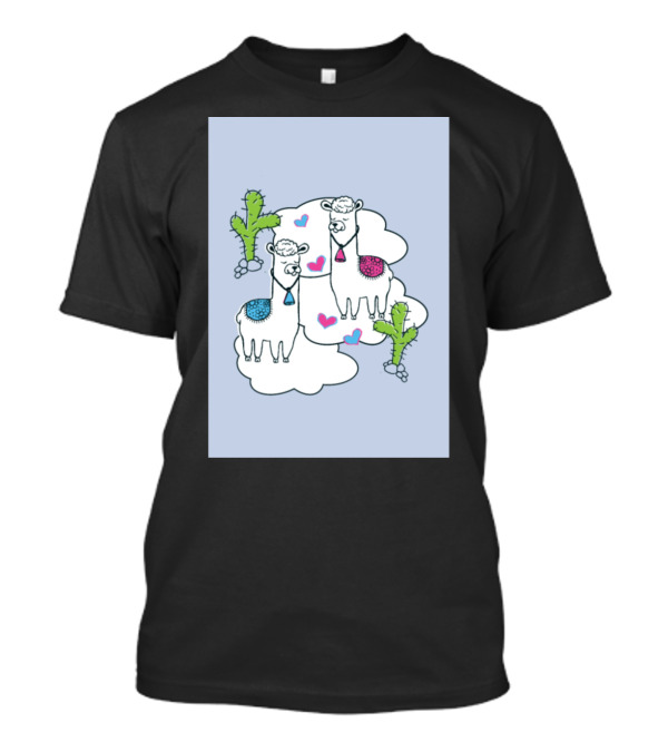 Llamas In Love Blue Hearts And Cacti Scene T-Shirt