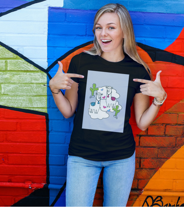 Llamas In Love Blue Hearts And Cacti Scene T-Shirt