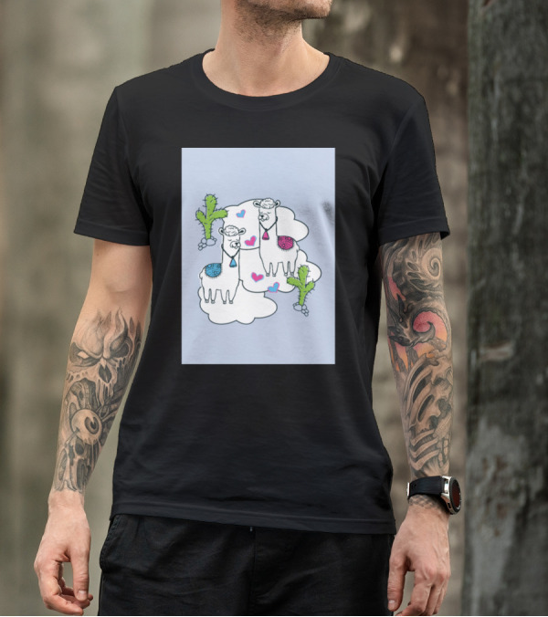 Llamas In Love Blue Hearts And Cacti Scene T-Shirt
