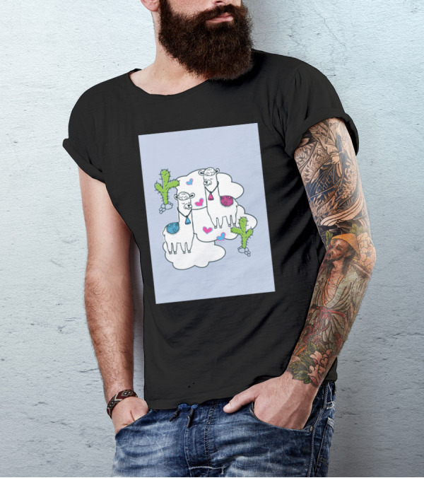 Llamas In Love Blue Hearts And Cacti Scene T-Shirt