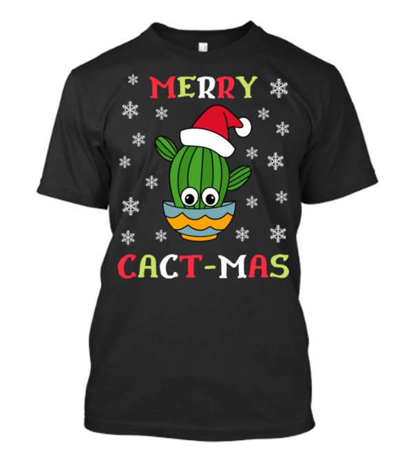 Merry Cact-Mas Cactus With Santa Hat Surrounded By Snowflakes T-Shirt