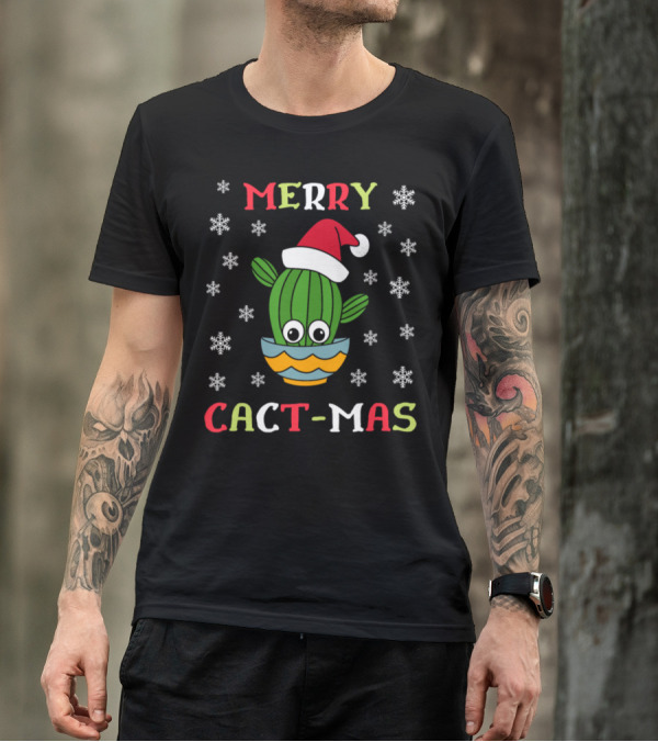 Merry Cact-Mas Cactus With Santa Hat Surrounded By Snowflakes T-Shirt