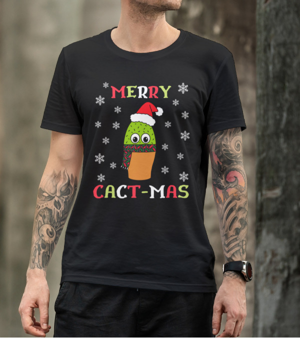 Merry Cact-Mas Cute Cactus Snowflakes Santa Hat Scarf T-Shirt