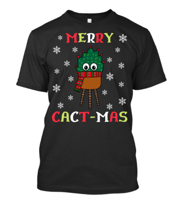Merry Cact-Mas Christmas Cactus With Scarf And Snowflakes T-Shirt