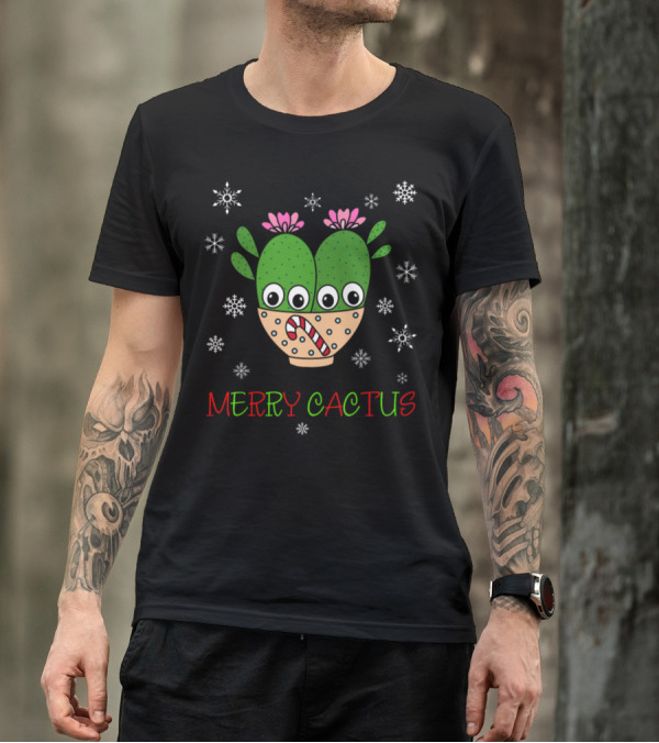 Merry Cactus Cacti Couple Snowflakes Christmas Candy Cane T-Shirt