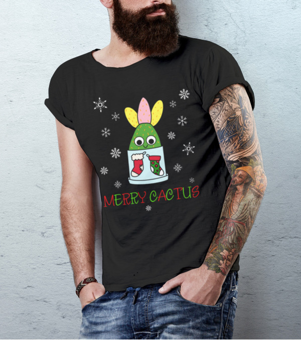 Merry Cactus Hybrid Christmas Cactus With Stockings And Snowflakes T-Shirt