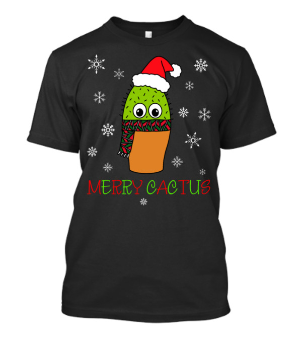 Merry Cactus Cute Cactus With Christmas Scarf Snowflakes Santa Hat T-Shirt