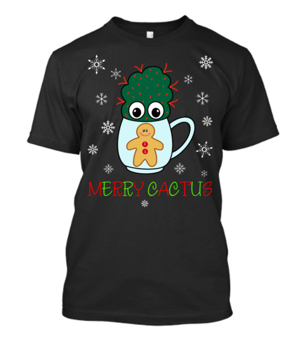 Merry Cactus Gingerbread Mug With Red Spikes And Snowflakes T-Shirt