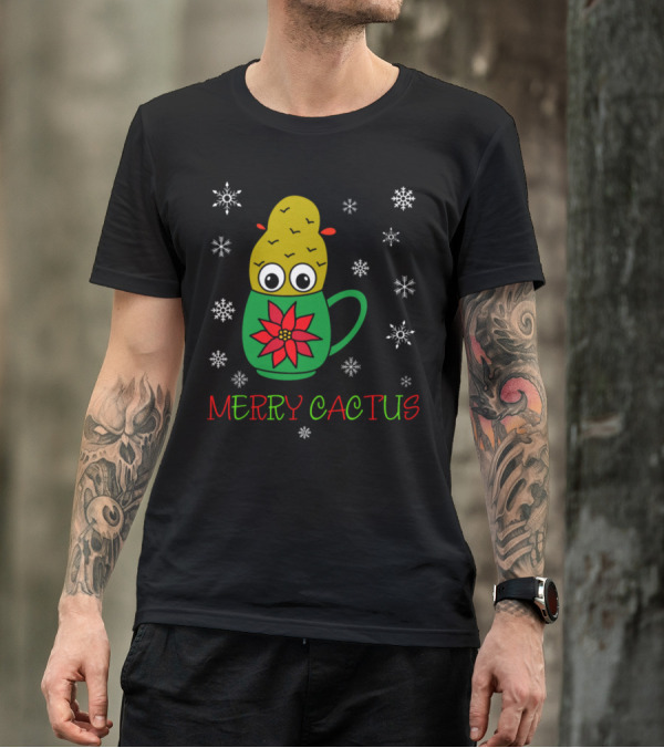 Merry Cactus Christmas Cactus Mug With Snowflakes T-Shirt