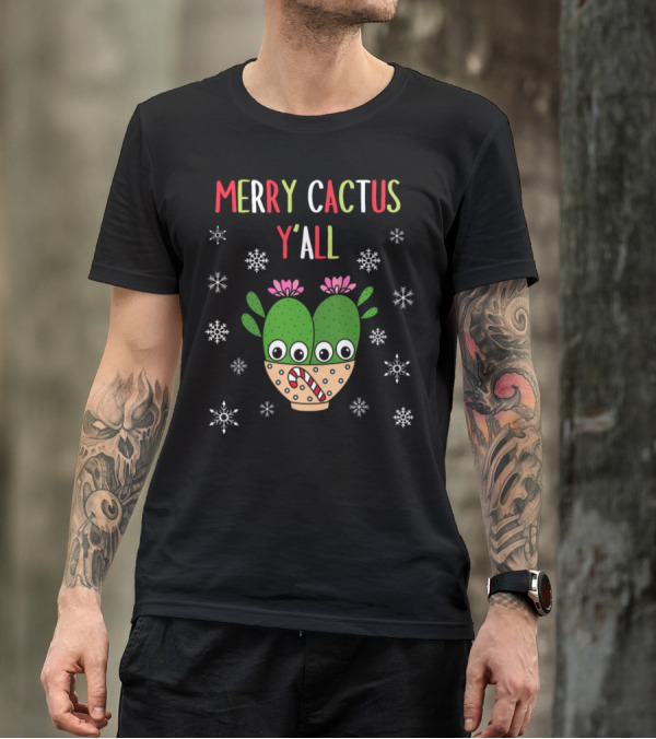 Merry Cactus Y'all Cacti Couple Candy Cane Snowflakes T-Shirt