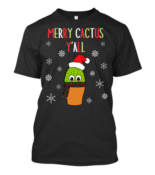 Merry Cactus Y'all Cute Cactus Santa Hat Snowflakes T-Shirt