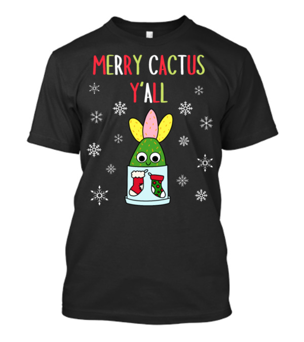 Merry Cactus Y'all Cute Cactus With Festive Stockings Snowflakes T-Shirt