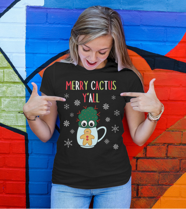 Merry Cactus Y'all Small Cactus With Red Gingerbread Mug Snowflakes T-Shirt