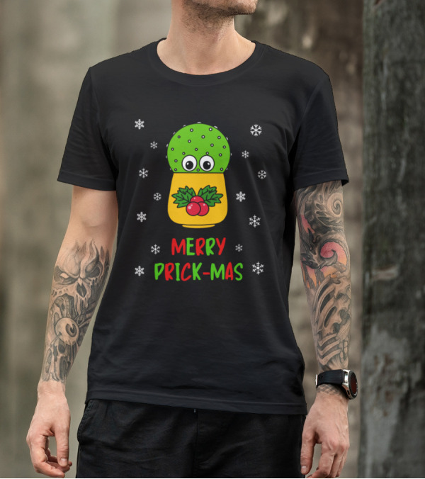 Merry Prick-Mas Cute Cactus With Christmas Holly And Snowflakes T-Shirt