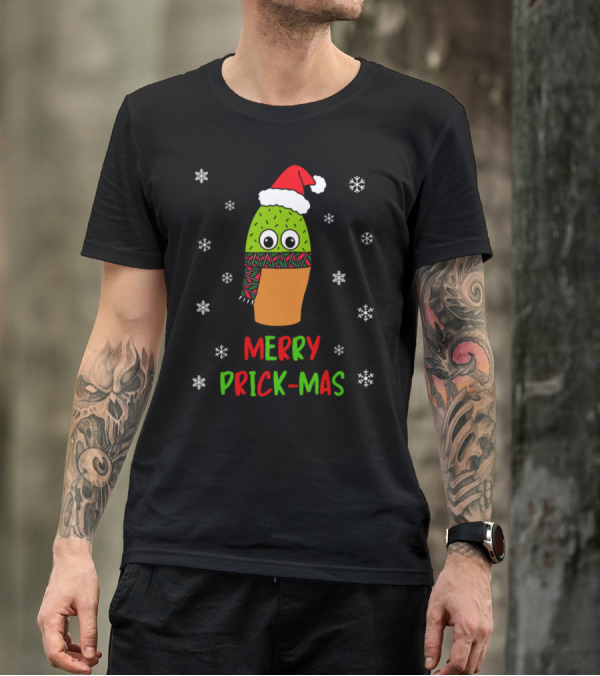Merry Prick-Mas Cactus Santa Hat Snowflakes T-Shirt