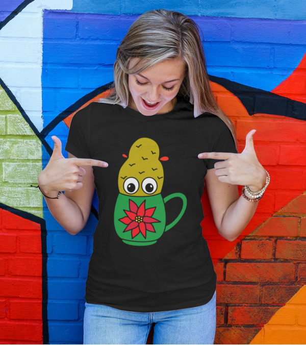 Mini Cactus In Poinsettia Mug With Googly Eyes T-Shirt