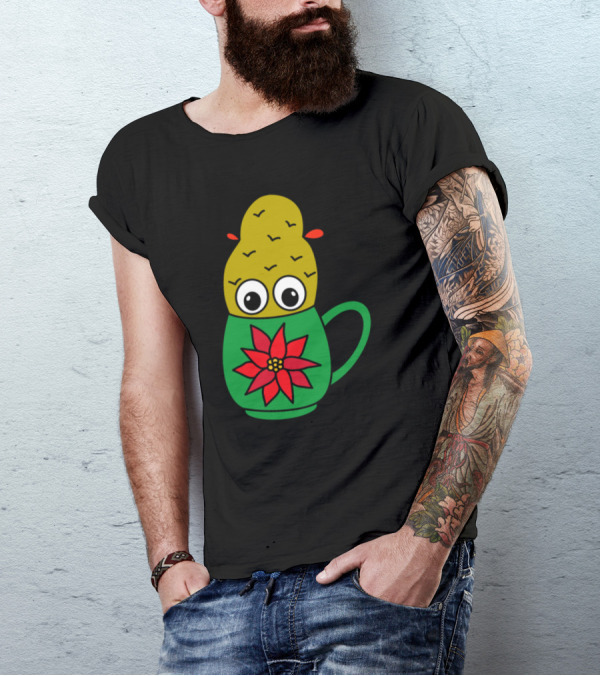 Mini Cactus In Poinsettia Mug With Googly Eyes T-Shirt