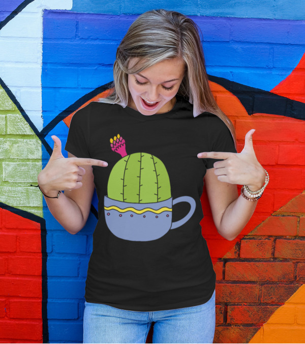 Mini Cactus With Pink And Yellow Flower In Decorative Blue Cup T-Shirt
